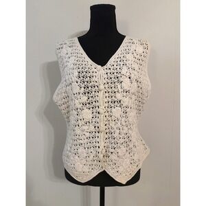 VTG Cottagecore Crochet Medium Vest Ivory White Boho Floral Open Knit Button Up